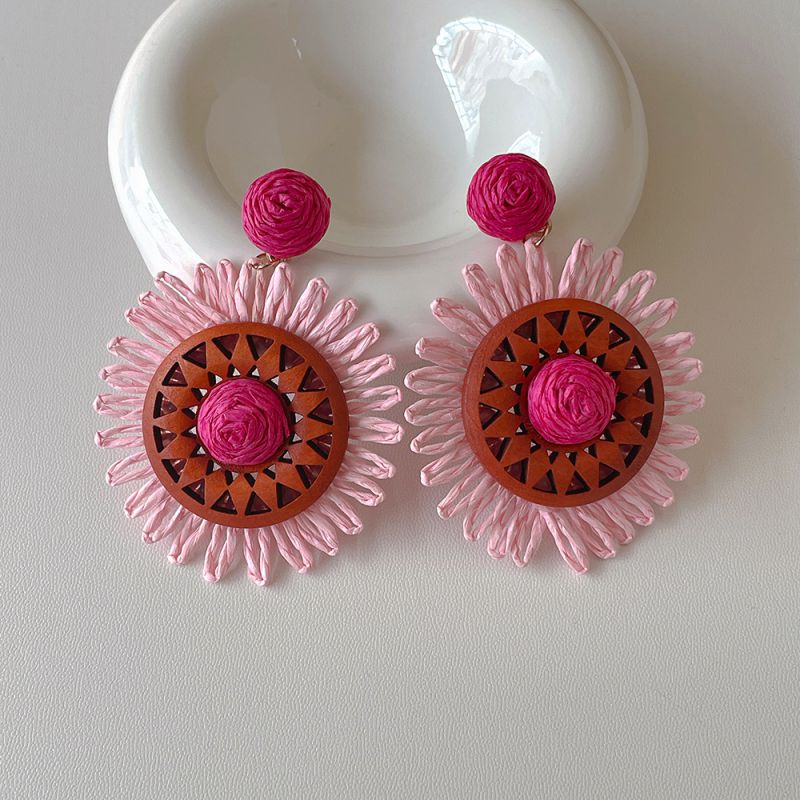 Fashion Pink Raffia Braided Earrings