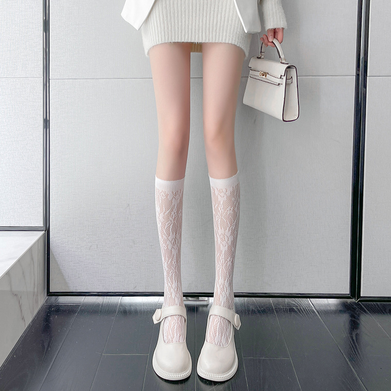 Fashion Rose White Calf Socks Nylon Lace Calf Socks