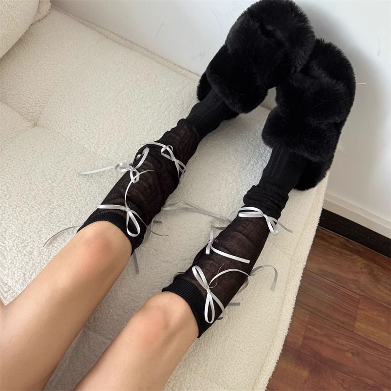 Fashion Black Cotton Lace-up Knitted Calf Socks