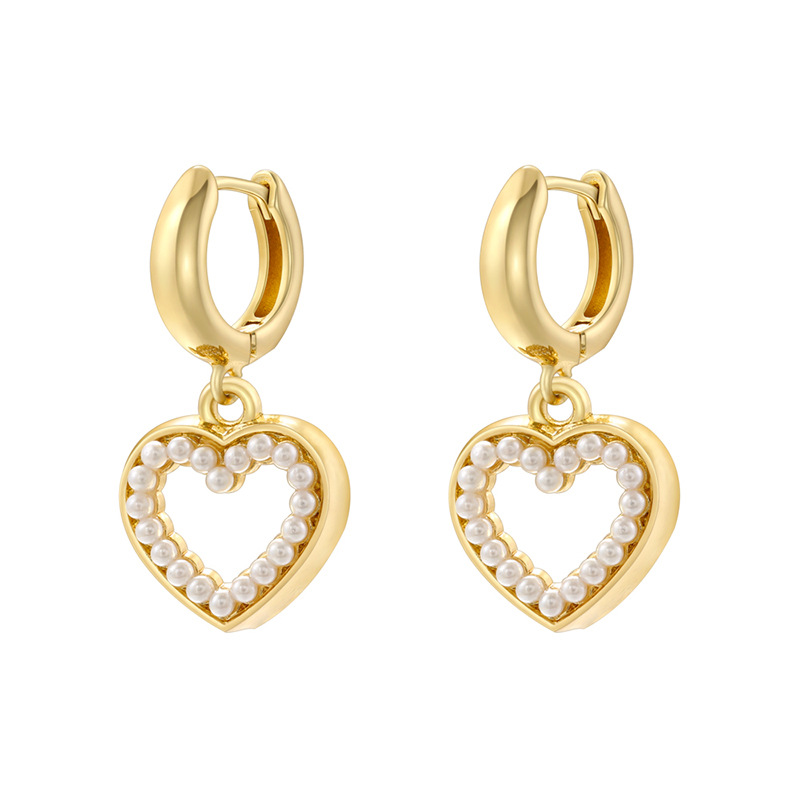 Fashion Silver 3 Copper Inlaid Pearl Heart Hoop Earrings