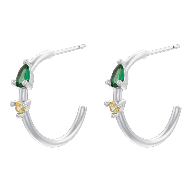 Fashion 1 Pair Of Platinum Yellow And Green Diamonds Copper Diamond C-shaped Earrings