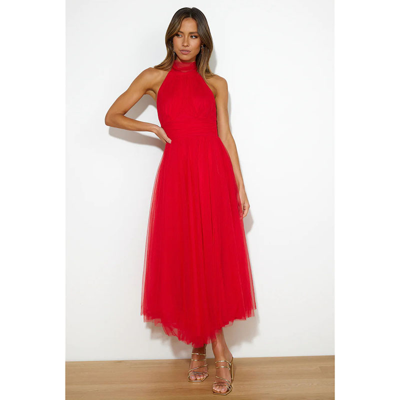 Fashion Red Halter Neck Mesh Turtleneck Long Dress