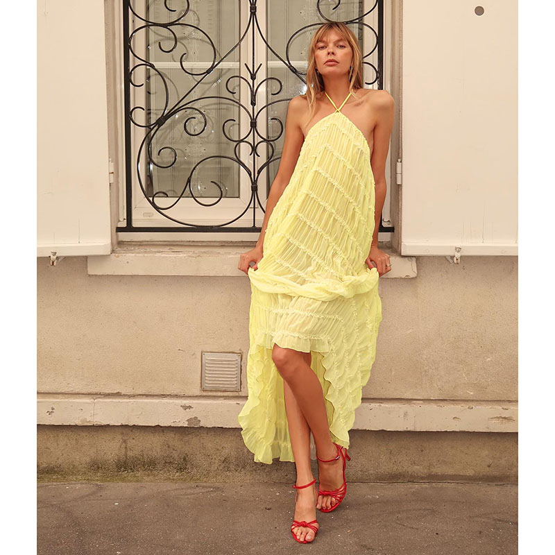 Fashion 194# Skirt Yellow Polyester Pleated Halterneck Long Skirt