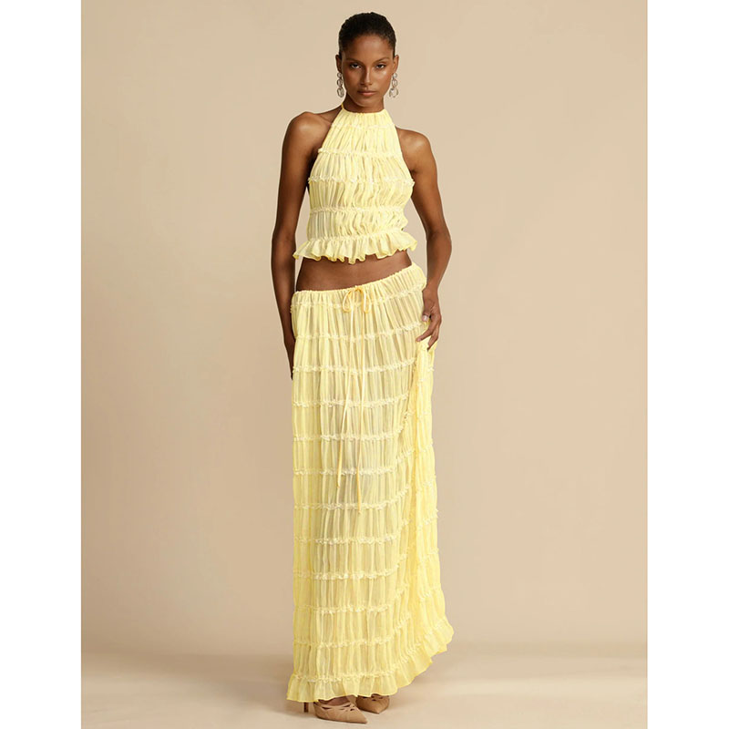 Fashion Yellow Set Polyester Pleated Halterneck Tank Top Skirt Suit