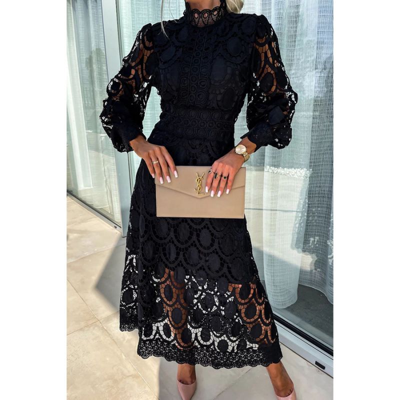 Fashion Black Lace Stand Collar Long Skirt