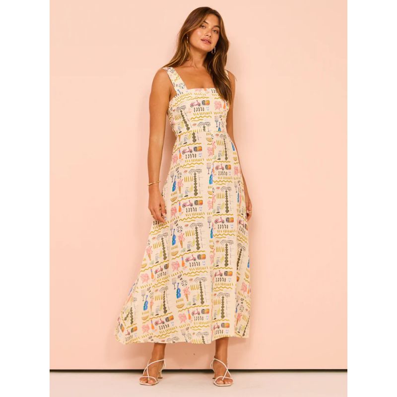 Fashion Color Polyester Printed Suspender Long Skirt