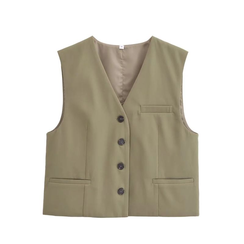Fashion Armygreen Woven V-neck Buttoned Vest