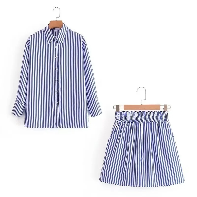 Fashion Blue Woven Lapel Button-down Shirt Skirt Suit