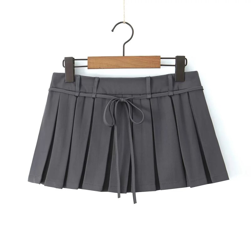 Fashion Grey Polyester Lace-up Pleated Skirt