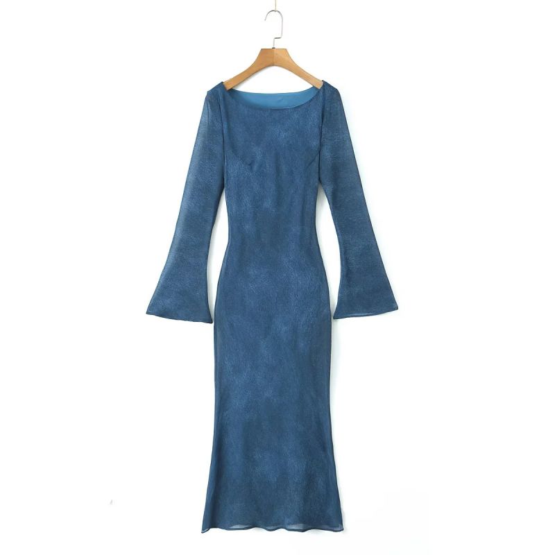 Fashion Dark Blue Flared Long Sleeve Maxi Dress