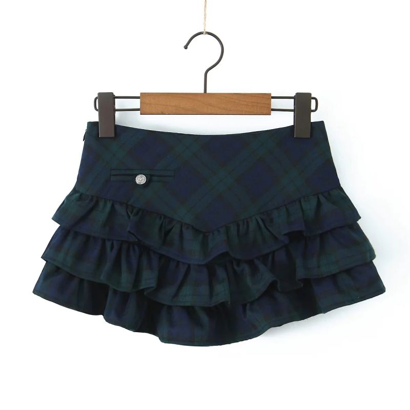 Fashion Blue And Green Grid Polyester Checked Layered Skirt