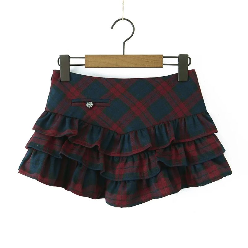 Fashion Red And Blue Grid Polyester Checked Layered Skirt