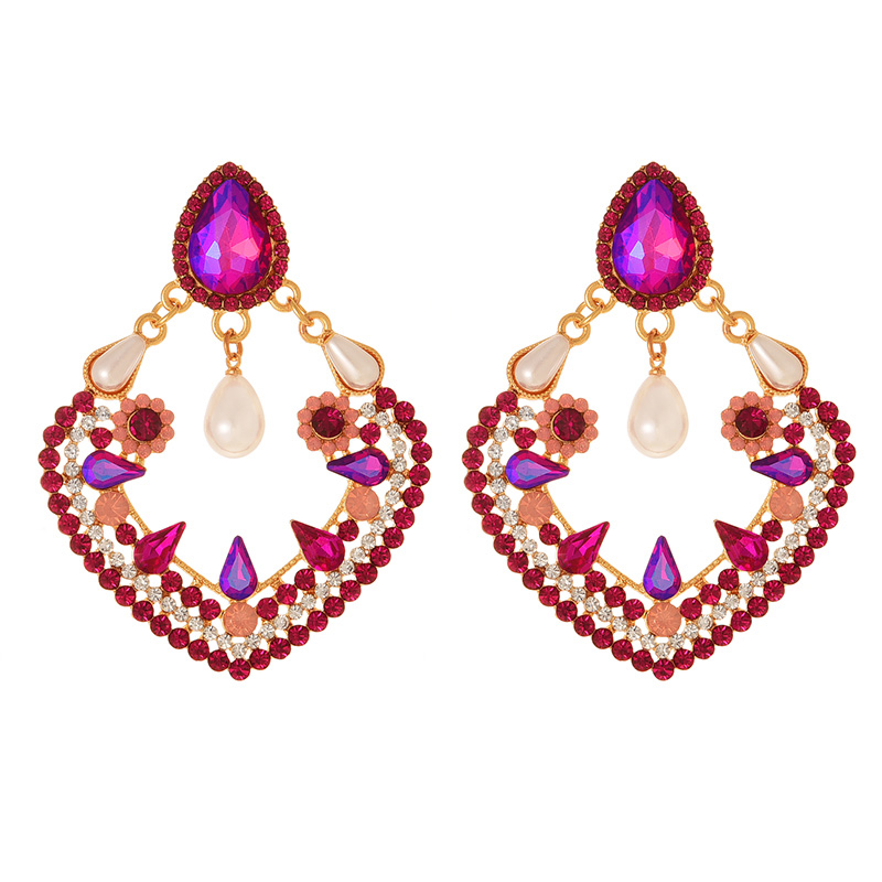 Fashion Rose Red Alloy Diamond Geometric Pearl Pendant Earrings