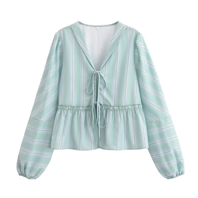 Fashion Green Woven Vertical Stripe Lace-up Puff Sleeve Top