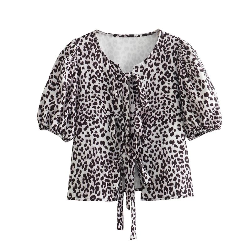 Fashion Print Color Polyester Leopard Print Lace-up Puff Sleeve Top
