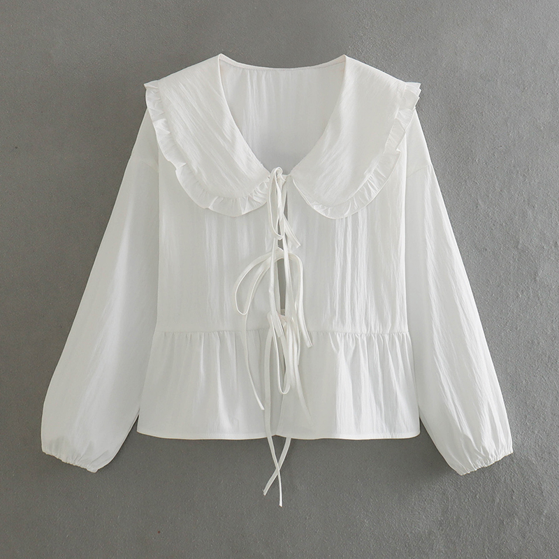 Fashion White Polyester Lace-up Lace Shirt