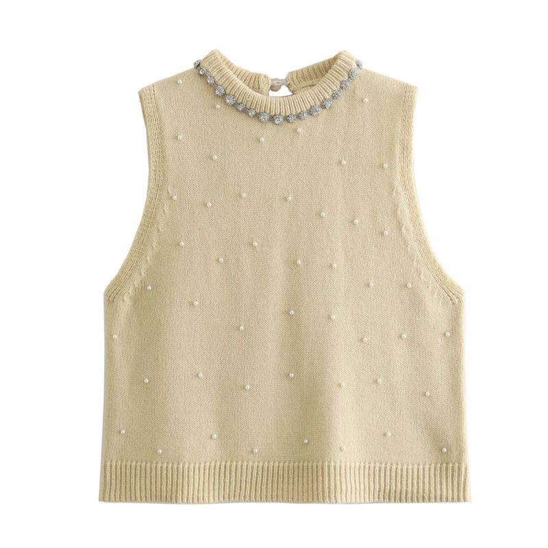 Fashion Cream Color Polyester Beaded Knitted Vest