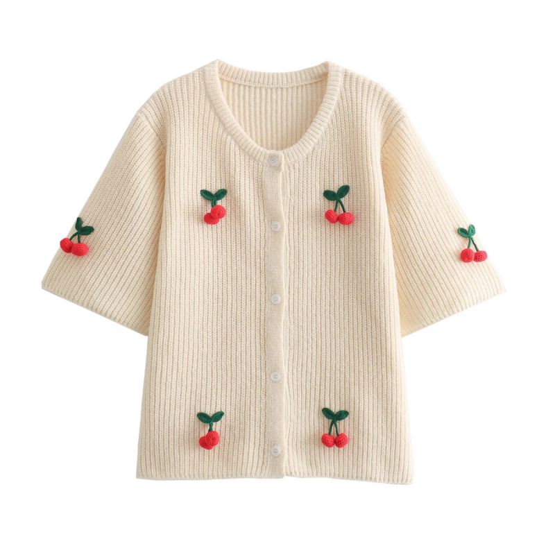 Fashion Off White Cherry Knitted Short Sleeve Sweater