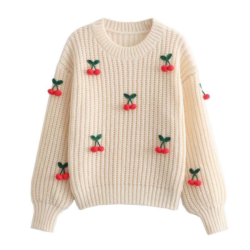 Fashion Off White Cherry Knit Long Sleeve Sweater
