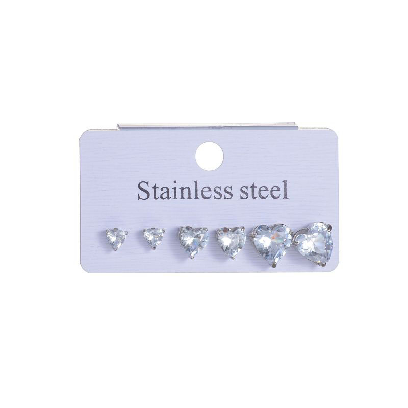 Fashion Three Pairs Of Steel-colored Love Earrings Stainless Steel Diamond Love Earrings Set