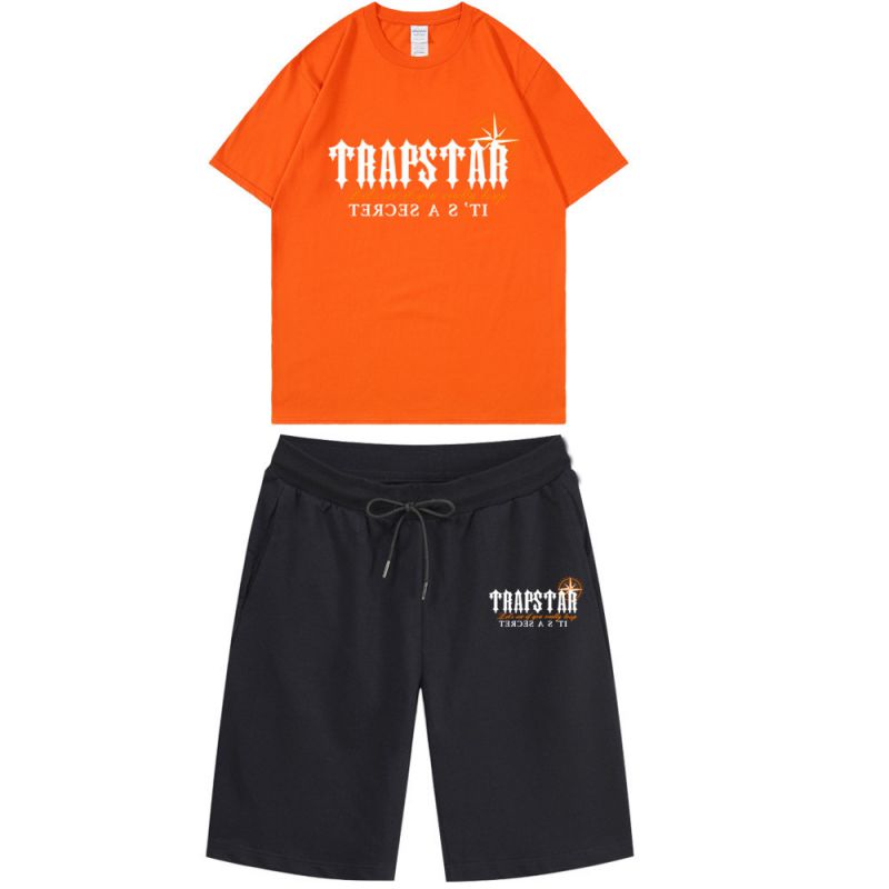 Fashion Orange + Black Pants Polyester Printed Round Neck Short Sleeve Shorts Set