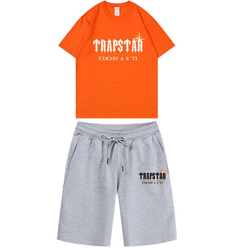 Fashion Orange + Light Gray Pants Polyester Printed Round Neck Short Sleeve Shorts Set