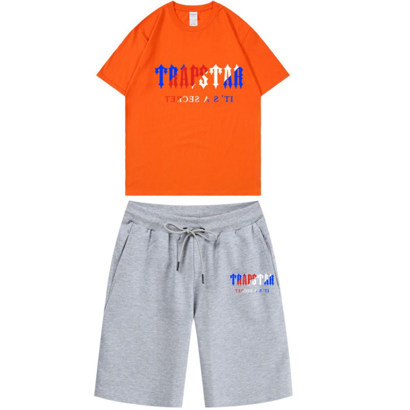 Fashion Orange + Light Gray Pants Polyester Printed Round Neck Short Sleeve Shorts Set