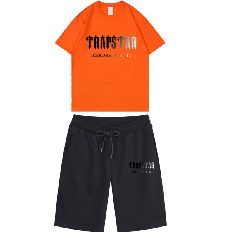 Fashion Orange + Black Pants Polyester Printed Round Neck Short Sleeve Shorts Set