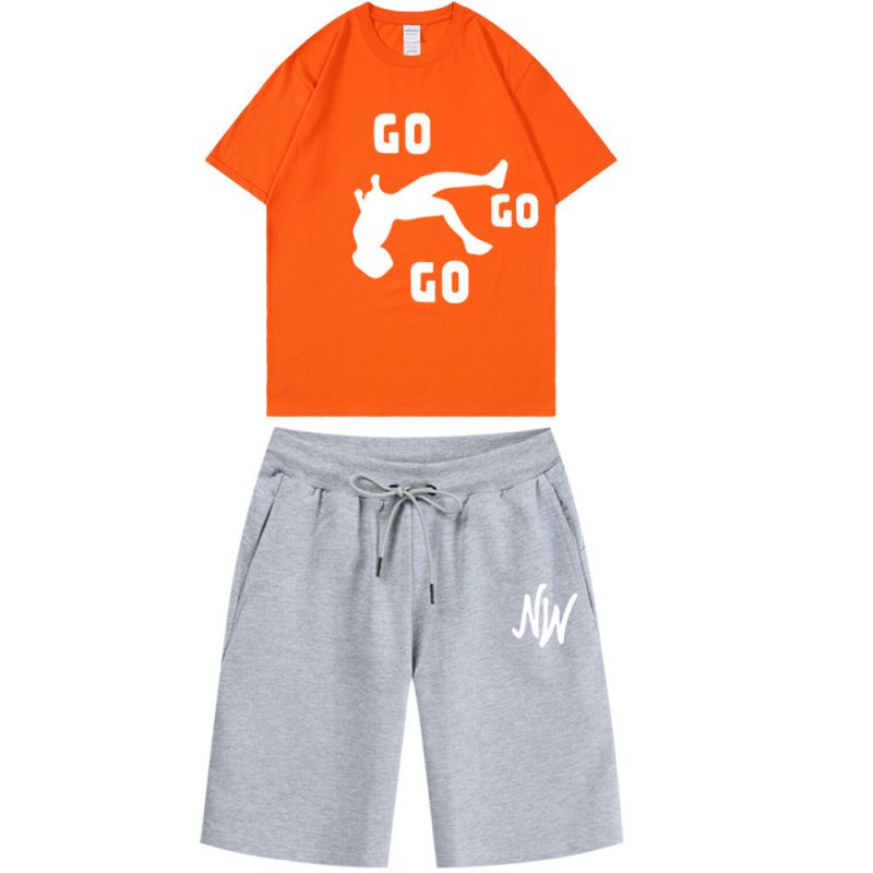 Fashion Orange + Light Gray Pants Polyester Printed Short Sleeve Shorts Set
