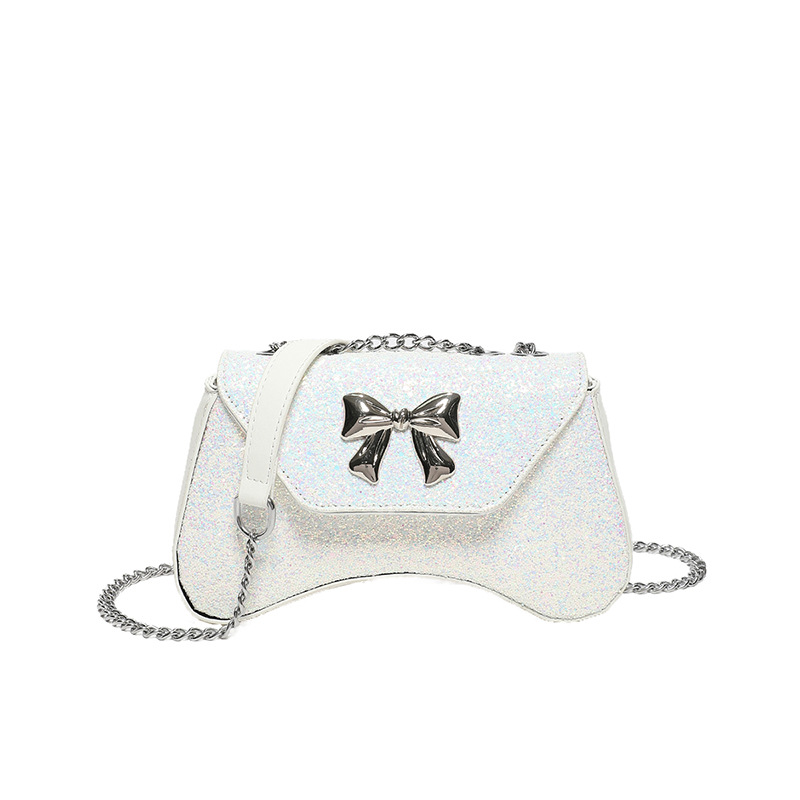 Fashion Off-white Sequined Bow Flap Crossbody Bag