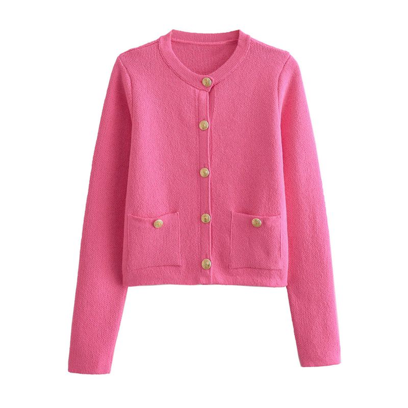 Fashion Rose Red Polyester Buttoned Knitted Jacket