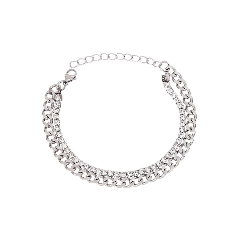 Fashion Silver 3mm Diamond Embossed Double Layer Bracelet Stainless Steel Diamond Double Chain Men's Bracelet