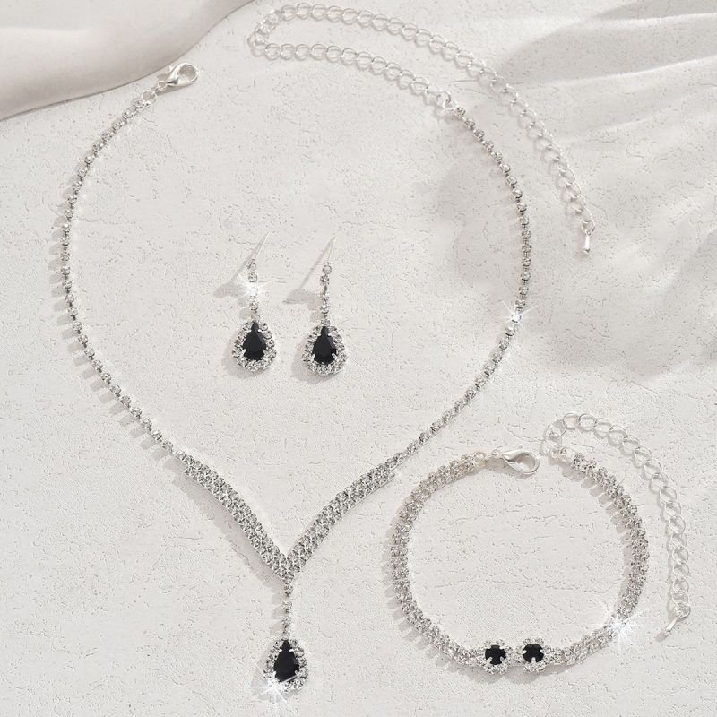 Fashion 630+ Double Flower Bracelet Silver Black Geometric Diamond Necklace Earrings And Bracelet Set