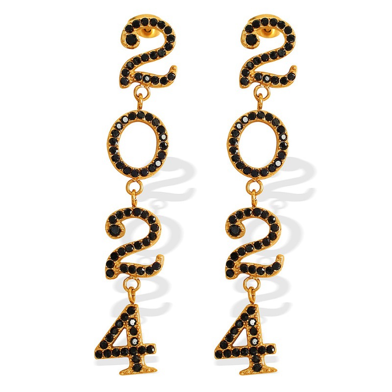 Fashion Black Diamond Gold Earrings Titanium Steel Diamond Number Earrings