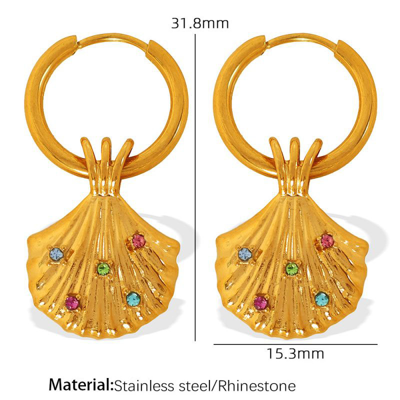 Fashion Eh381 Gold Earrings Stainless Steel Diamond Scallop Hoop Earrings
