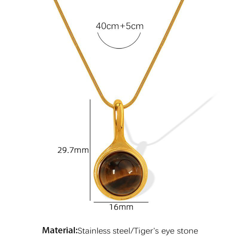 Fashion Brown Tiger Eye Stone Gold Necklace Titanium Steel Round Tiger Eye Necklace