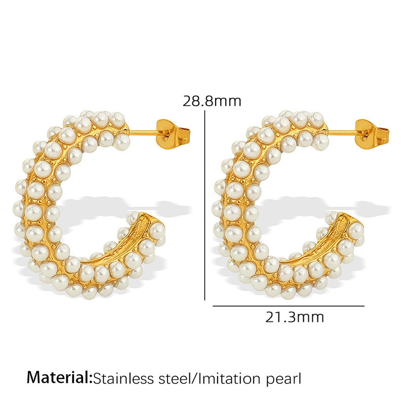 Fashion Gold Titanium Steel Imitation Pearl C-shaped Earrings