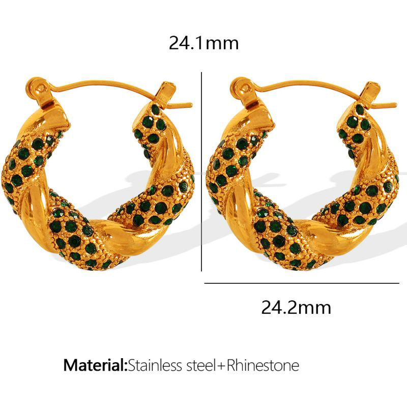 Fashion Green Diamond Gold Earrings Titanium Steel Diamond Twist Earrings