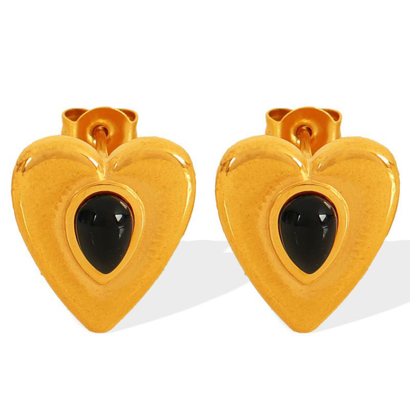 Fashion Black Opal Gold Stud Earrings Titanium Steel Love Earrings