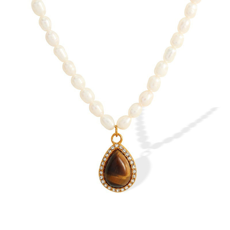 Fashion Brown Tiger Eye Stone Gold Necklace Pearl Beads And Diamond Drop Necklace