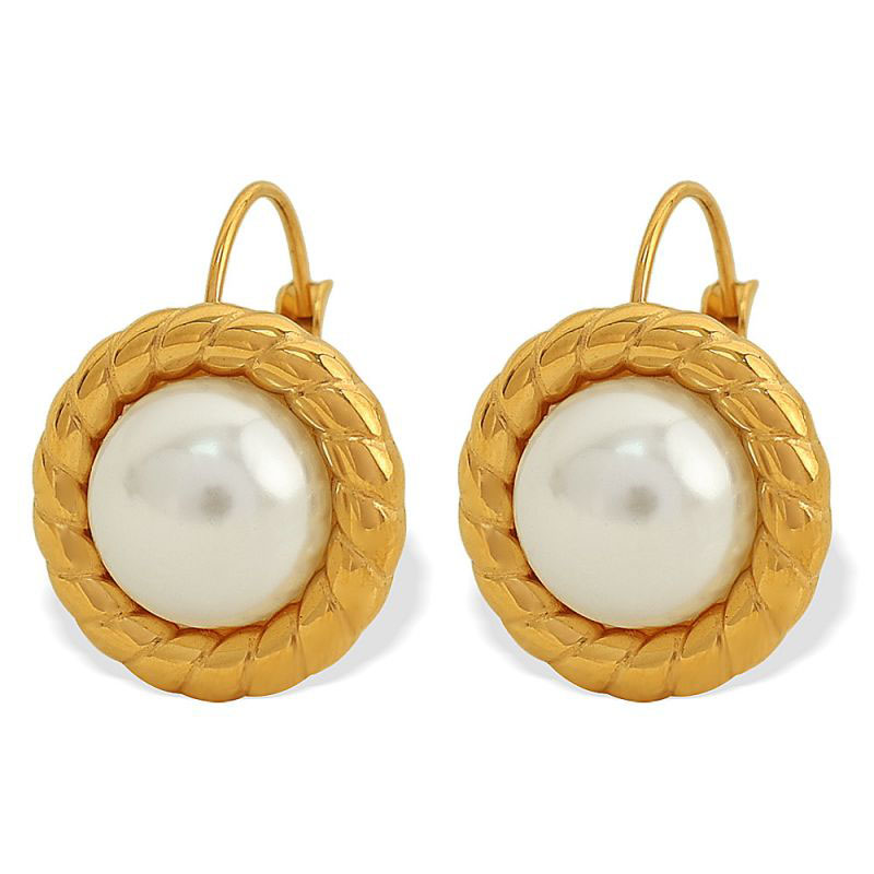 Fashion White Pearl Gold Earrings Titanium Steel Round Pearl Earrings