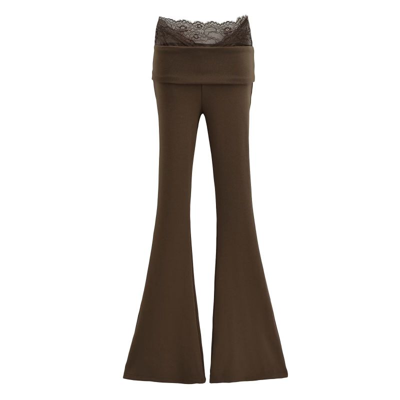 Fashion Brown Coffee Color Lace Paneled High Waisted Flared Trousers
