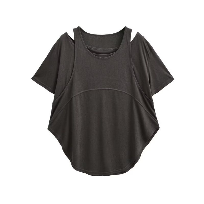 Fashion Dark Gray Cotton Short-sleeved Off-the-shoulder T-shirt Cover-up