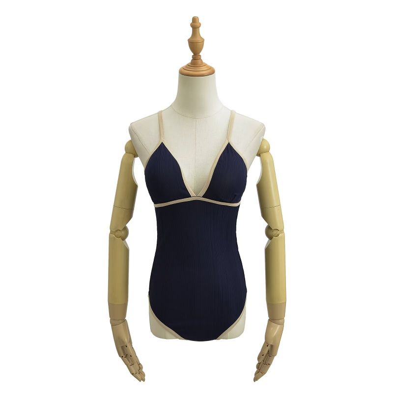 Fashion Navy Blue Polyester V-neck One-piece Swimsuit