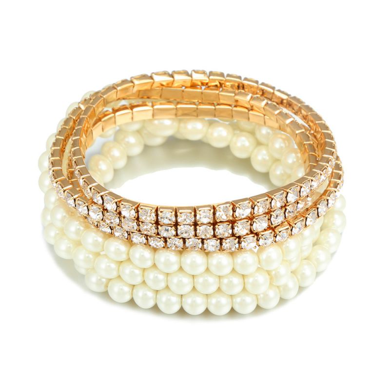 Fashion Gold Multi-layer Imitation Pearl Beaded And Diamond Bracelet Set