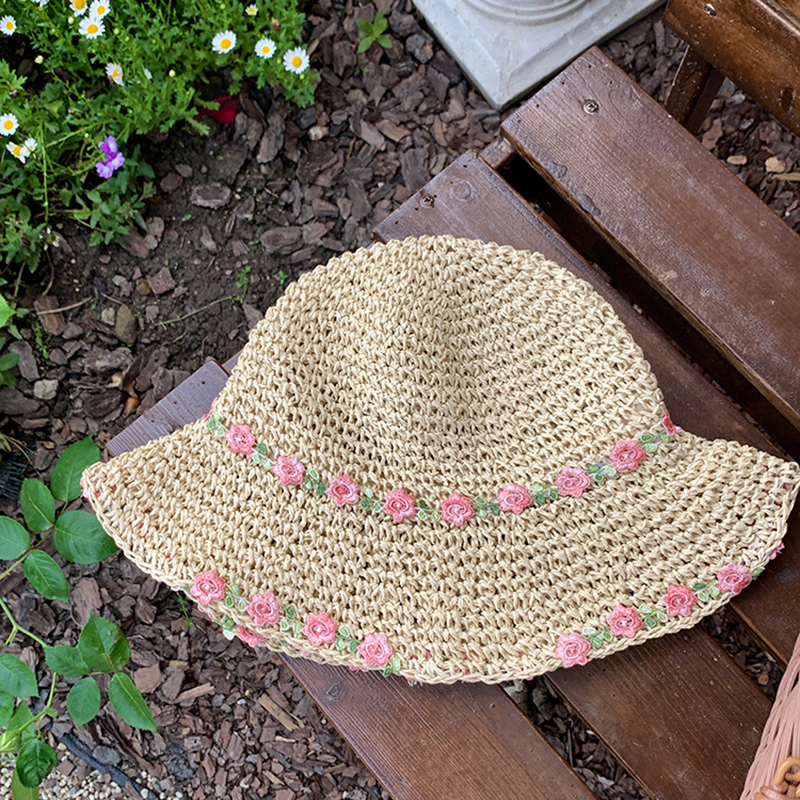 Fashion Pink Flower Flower Webbing Large Brim Straw Hat