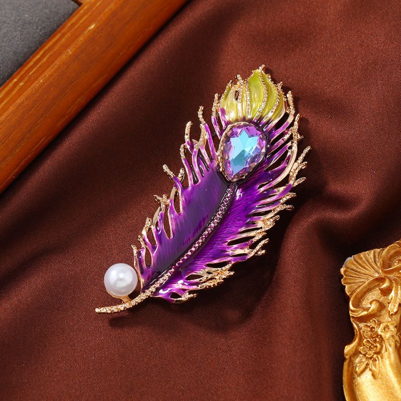 Fashion Colorful Crystal Glazed Feather Brooch Purple Alloy Geometric Phoenix Feather Brooch