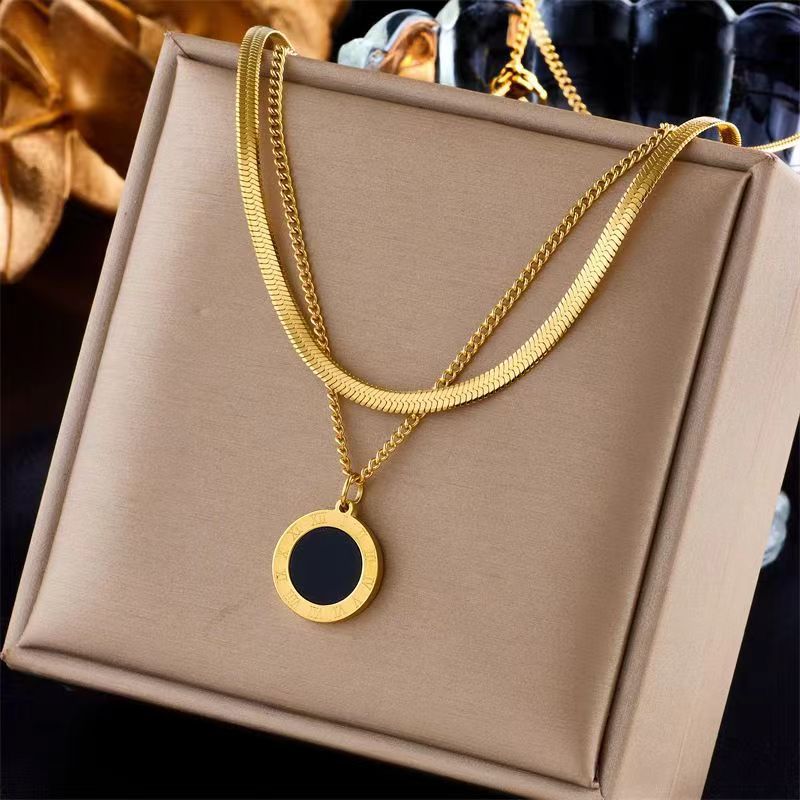 Fashion Gold Titanium Steel Round Plate Double Layer Necklace
