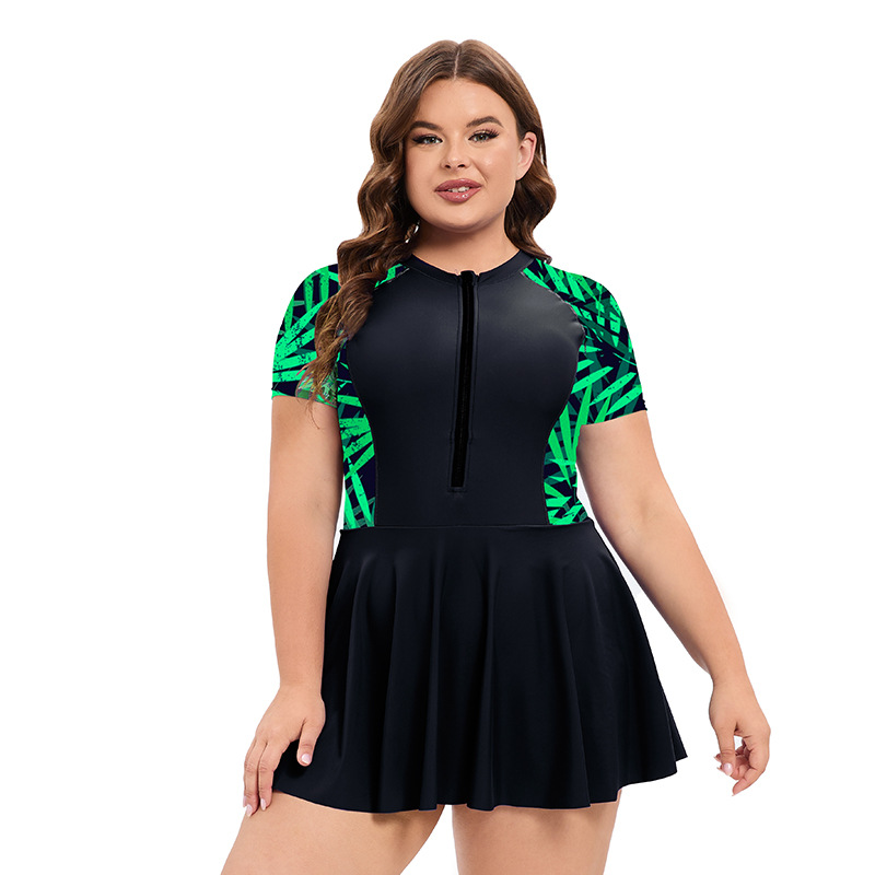 Fashion Black+green Leaves Nylon Printed Skirt Tankini Swimsuit