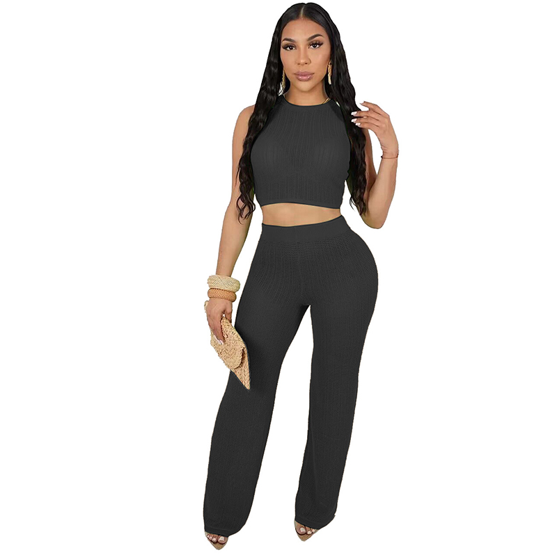 Fashion Black Hollow Knitted Trousers Sleeveless Suit